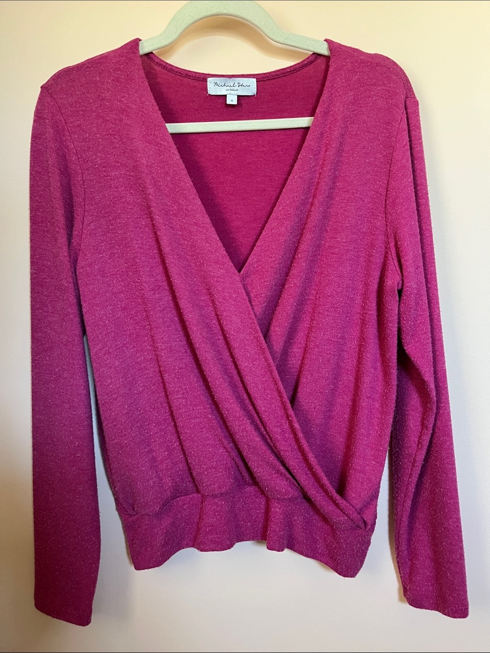 MICHAEL STARS Heathered Burnout Schlub Textured Pink Knit Surplice Top S